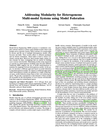 First page of Addressing Modularity for Heterogeneous Multi-model Systems using Model Federation